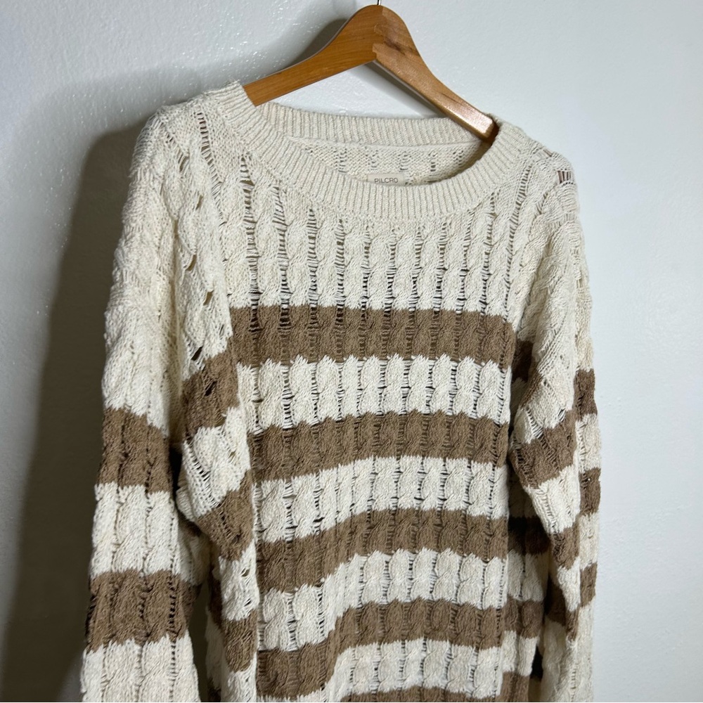 Anthropologie Pilcro Cream Brown Neutral Cable Knit Oversized Long Line Sweater